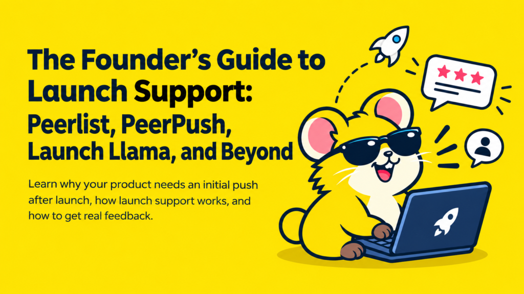 Blog banner for The Founder's Guide to Launch Support featuring a solid yellow background, the blog title, and the official Makerio pet logo.