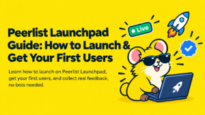 Makerio blog banner featuring the sunglasses hamster mascot typing on a laptop, with text reading "Peerlist Launchpad Guide: How to Launch & Get Your First Users" against a solid bright yellow background.