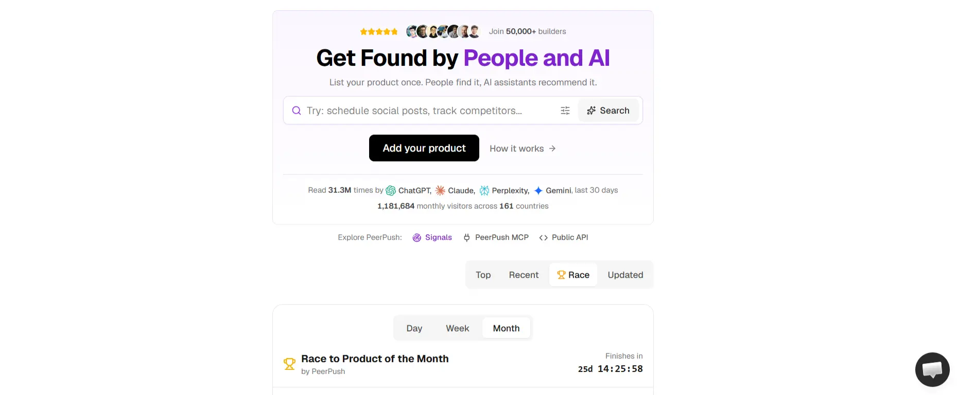 PeerPush product discovery page showing a SaaS listing with description, screenshots, and comments