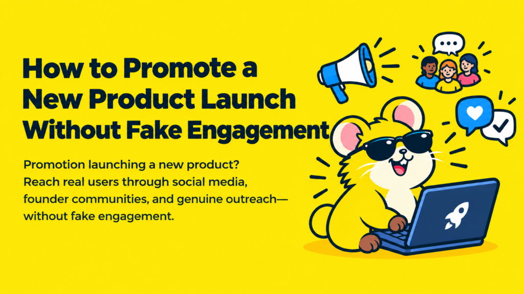 Promotion launching a new product without fake engagement, illustrated with a megaphone, founder community, and genuine engagement icons.